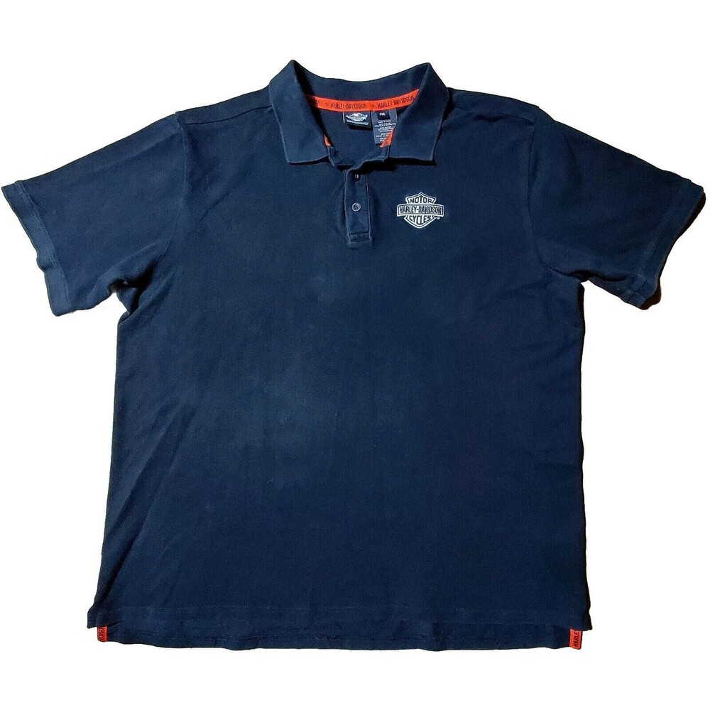 Harley Davidson Polo Shirt Work Black 2X Embroidered Chest Shield Orange Trim